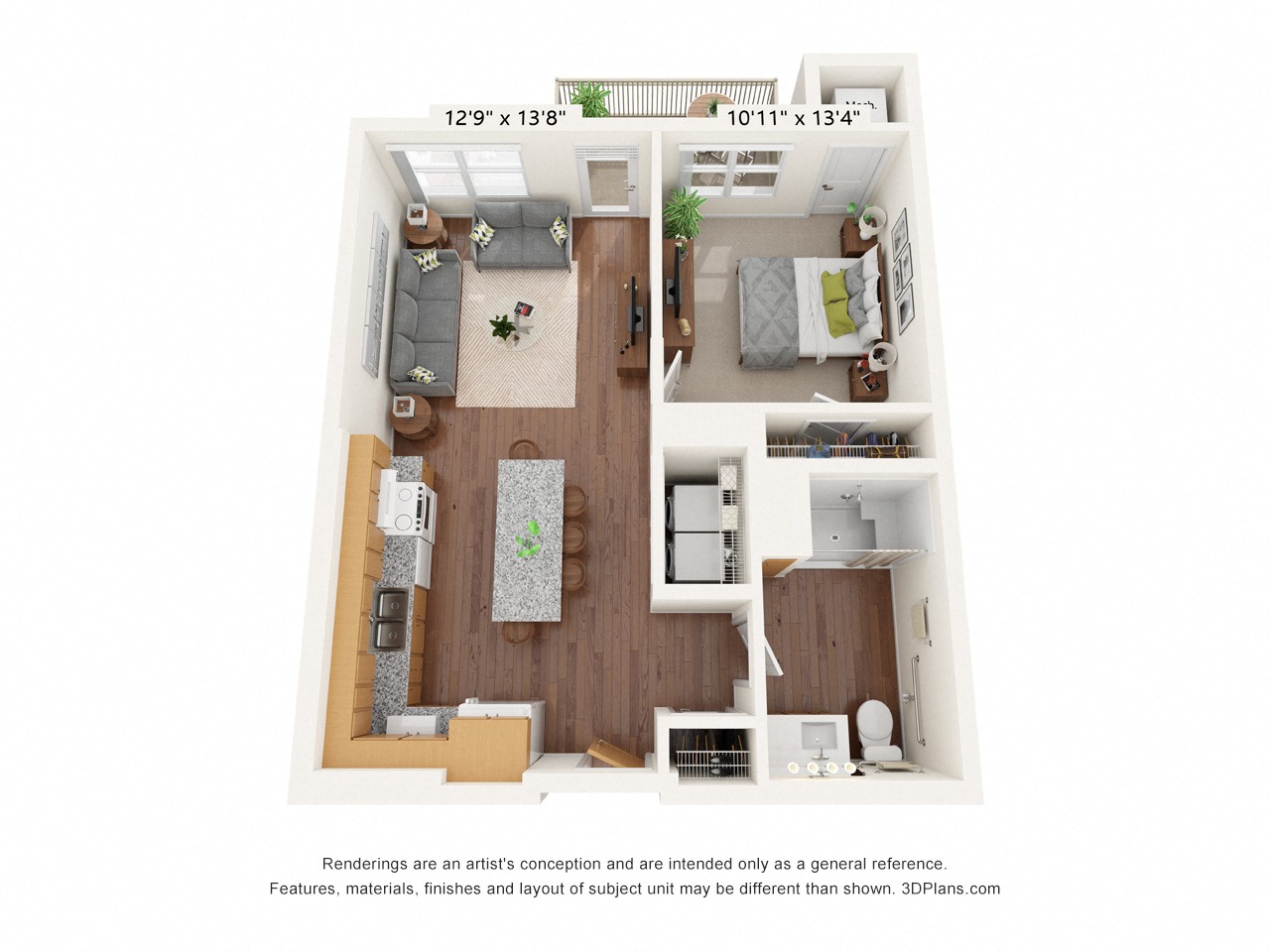 Floor plan for 1 bed, 1 bath, 663 sqft